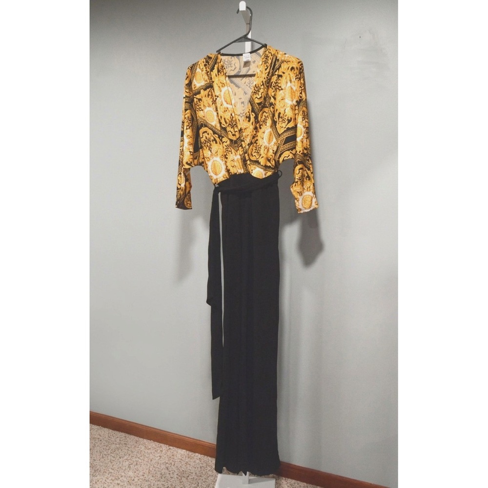 Janette Size S Jumpsuit Surplice Geometric Bodice Black Wide Legs Elastic Waist